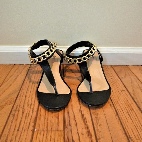 Black Wedge Sandals with Gold Ankle Chain - Picture 2 of 5